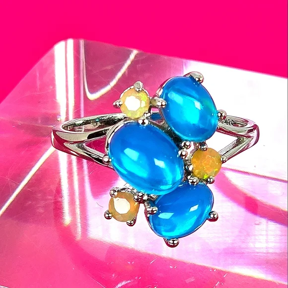 925 Sterling Silver Ring with Natural Oval Blue Opal 8x6mm & Fire Opal Gemstones - Picture 14 of 14